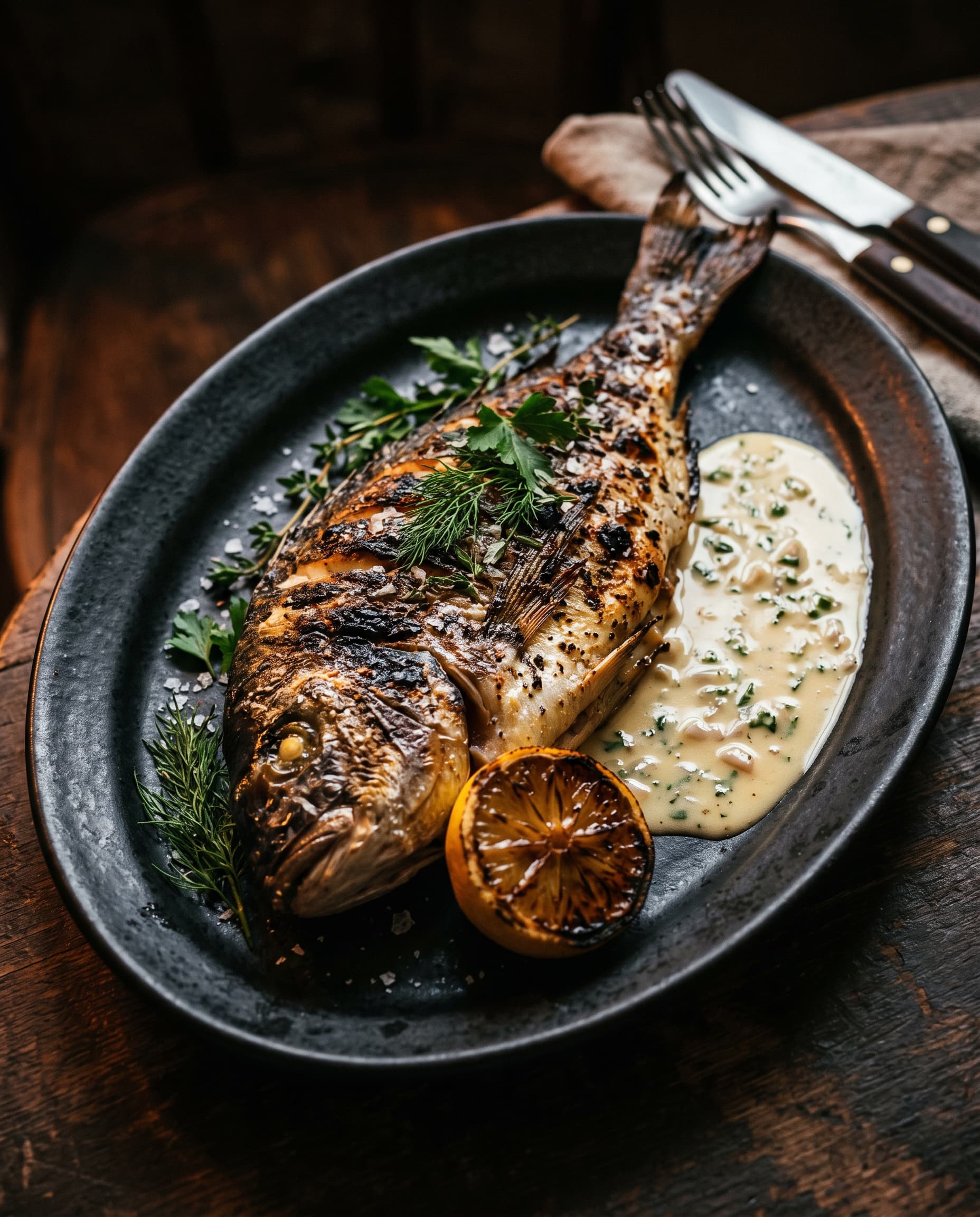 Whole grilled sea bream with beurre blanc and wild herbs