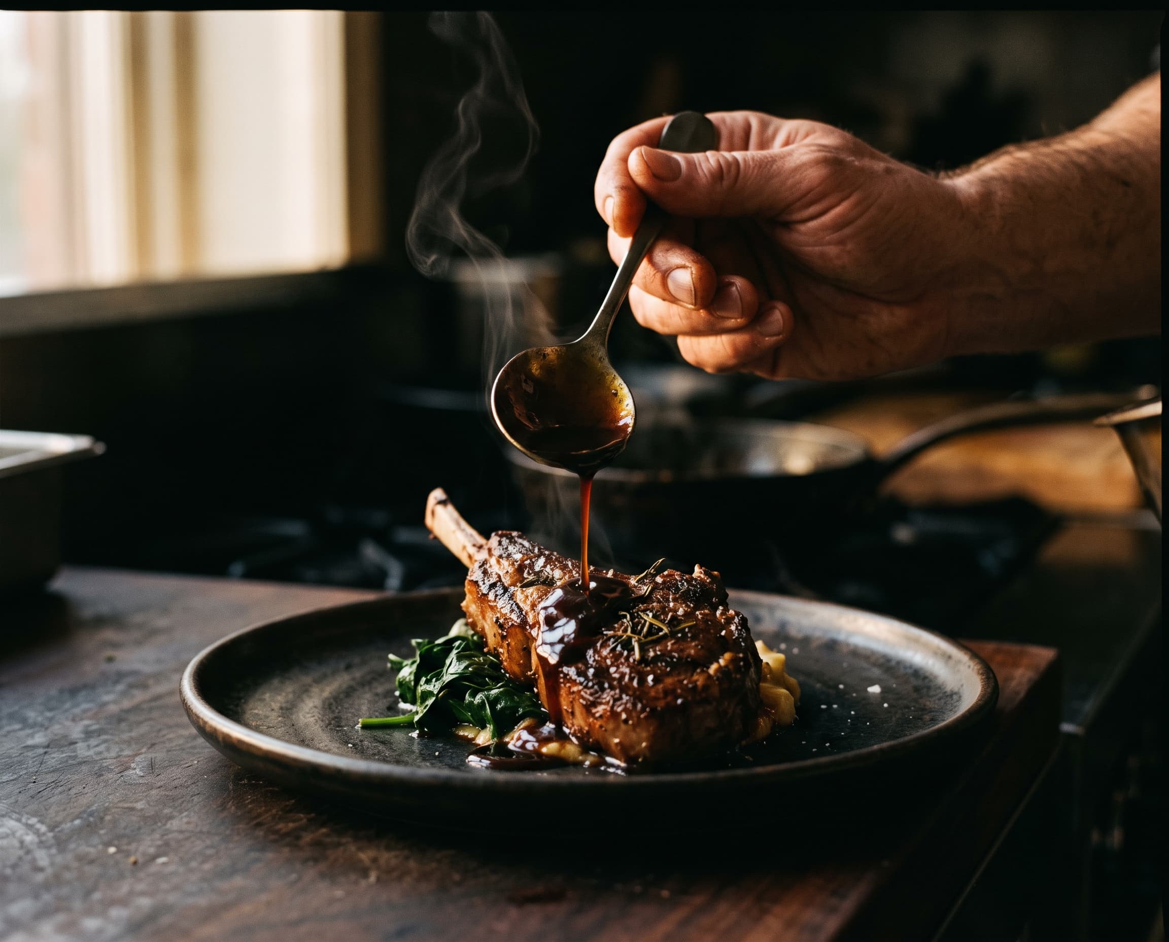 A chef spooning a glossy jus over a plate