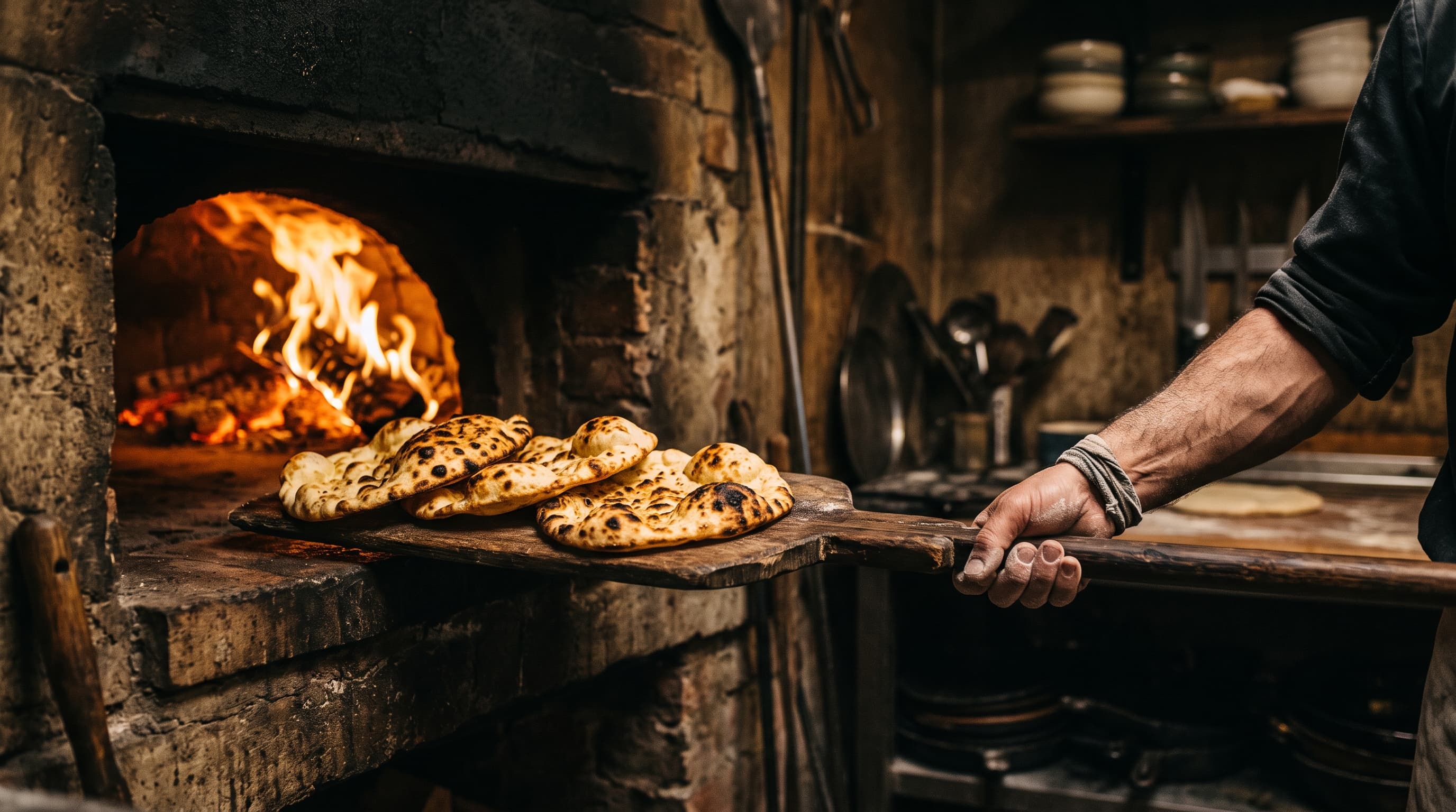 Flatbreads coming out of the wood oven on a long peel