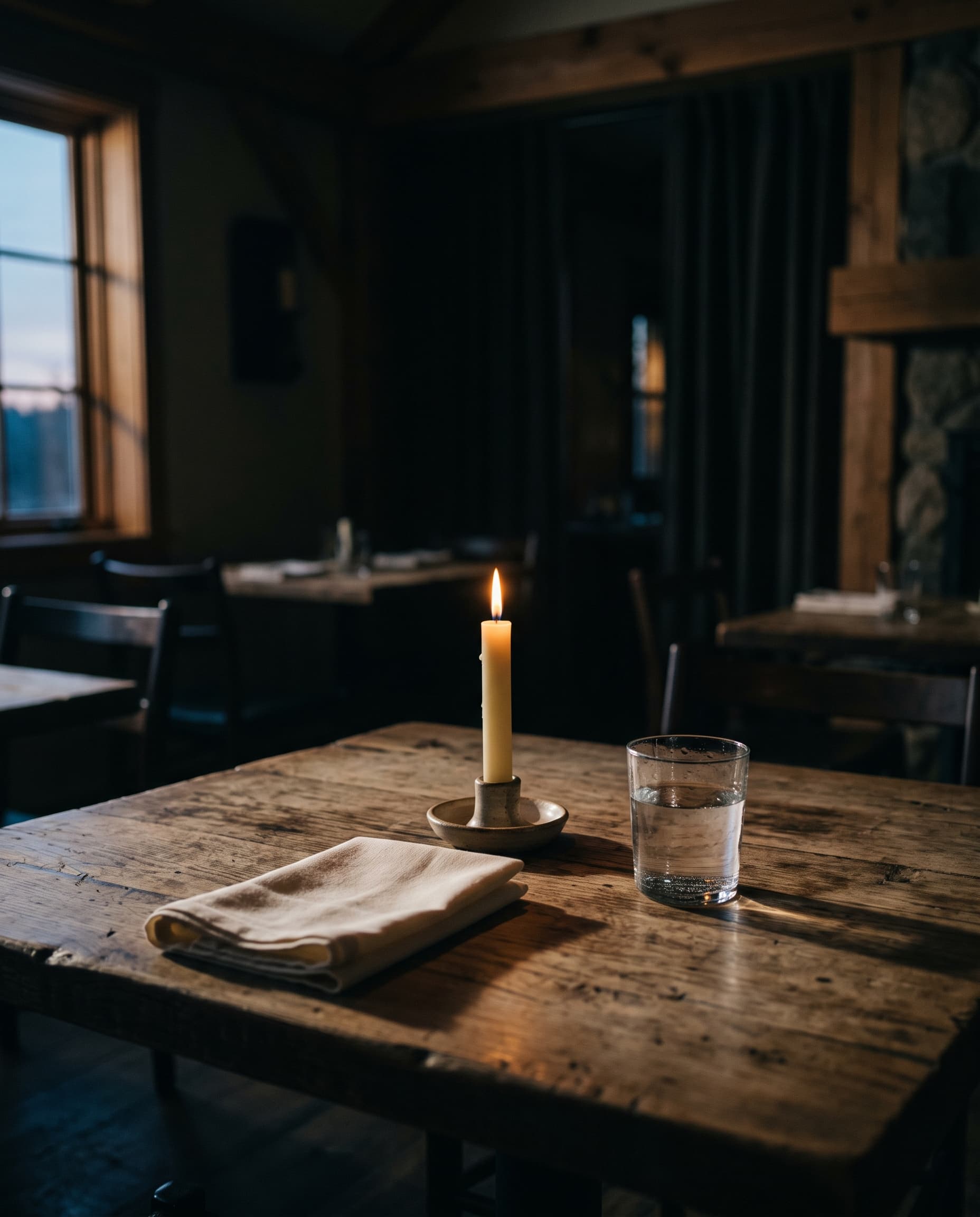 A single candle and a folded linen napkin on an empty table at dusk
