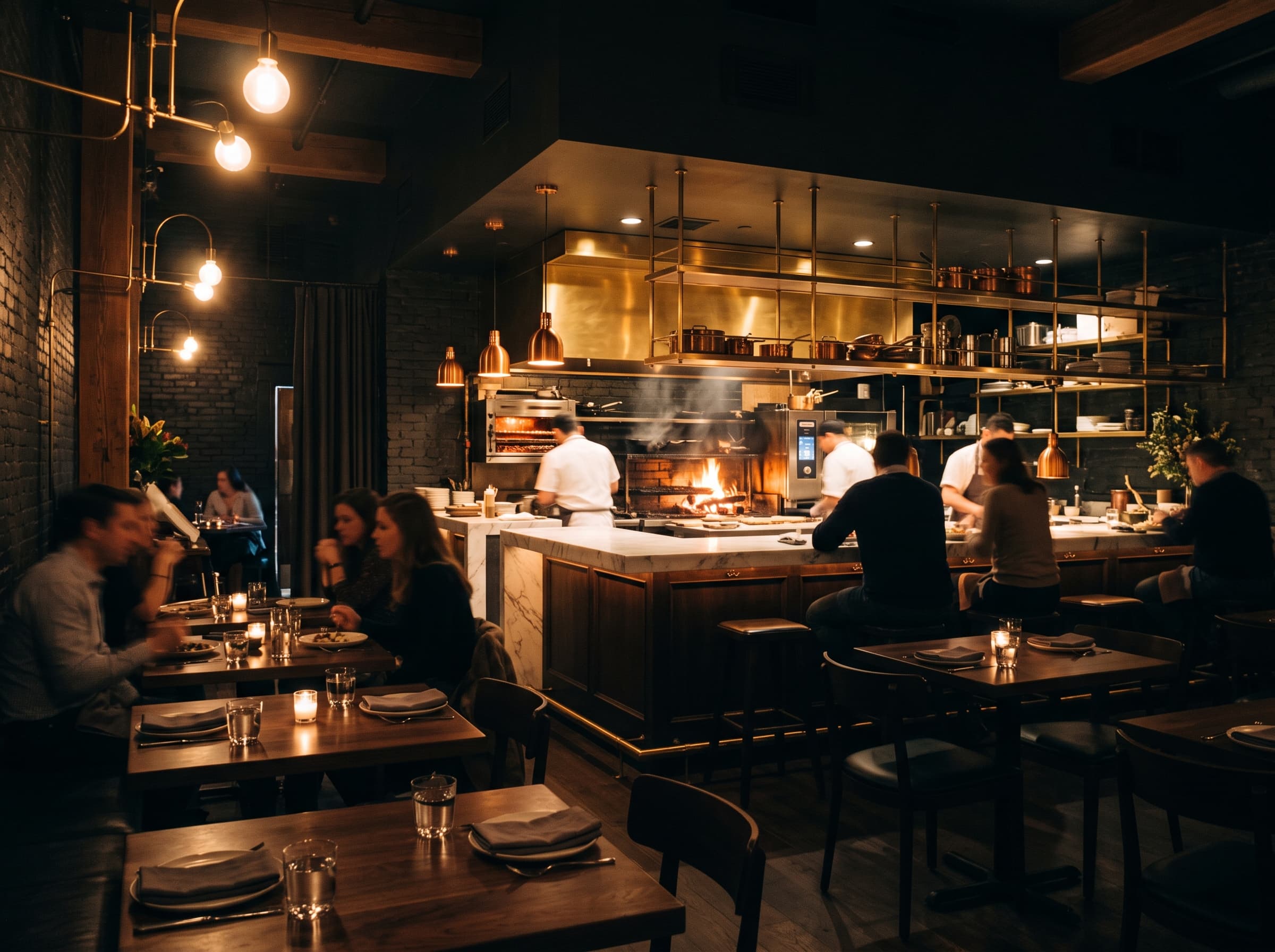 The full dining room and open kitchen prepared for a private event