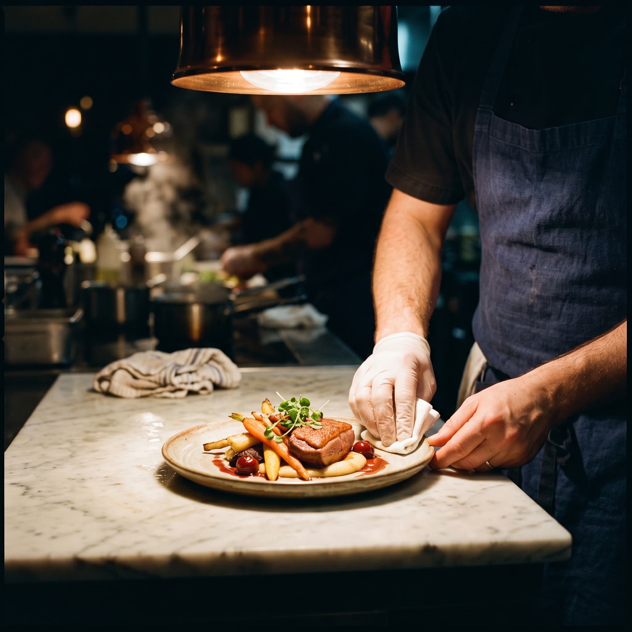A chef wiping the rim of a finished plate under the heat lamp at the pass