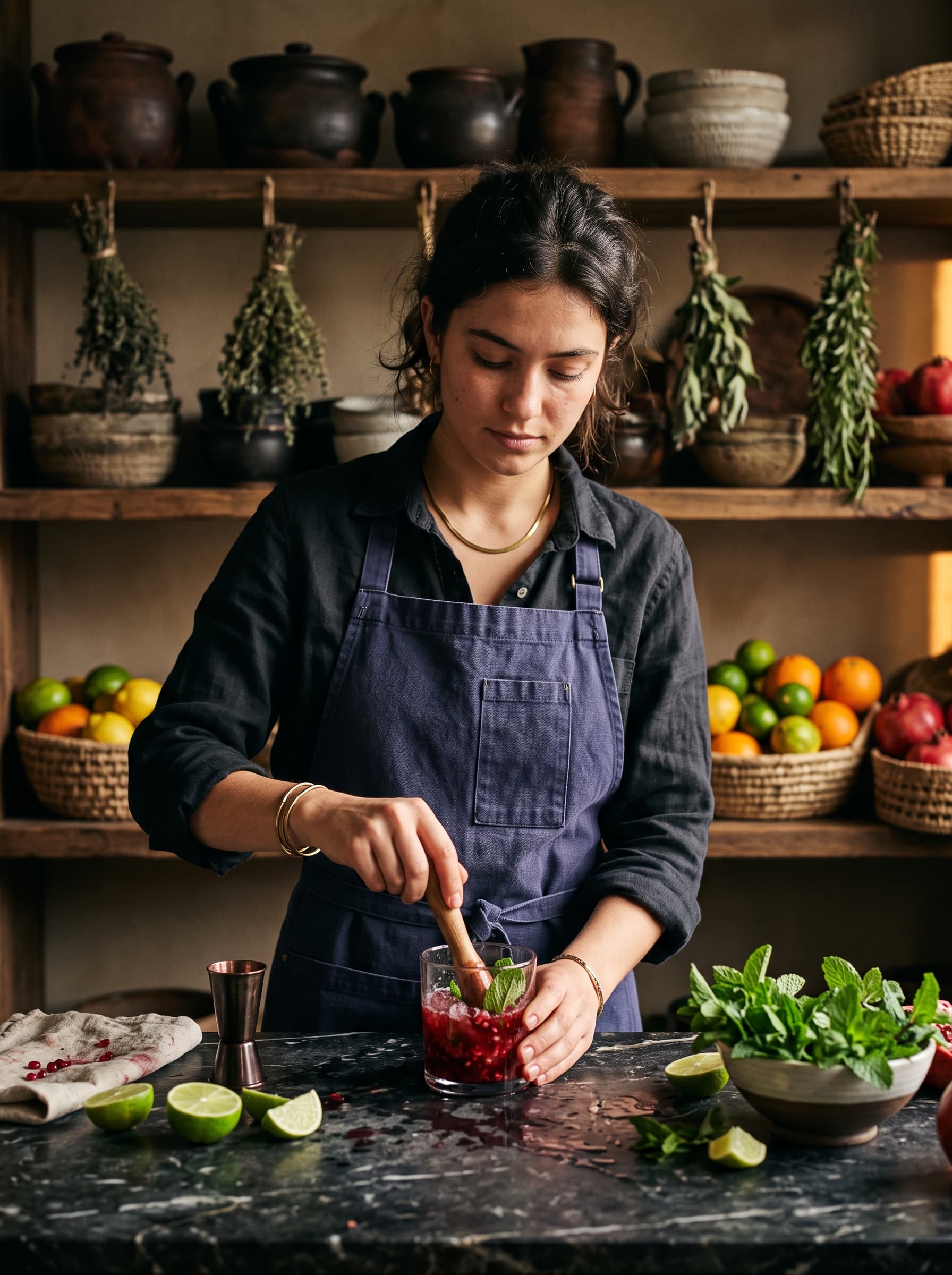 Portrait of Selin Kaya pressing mint and pomegranate at the Sans Alcool counter