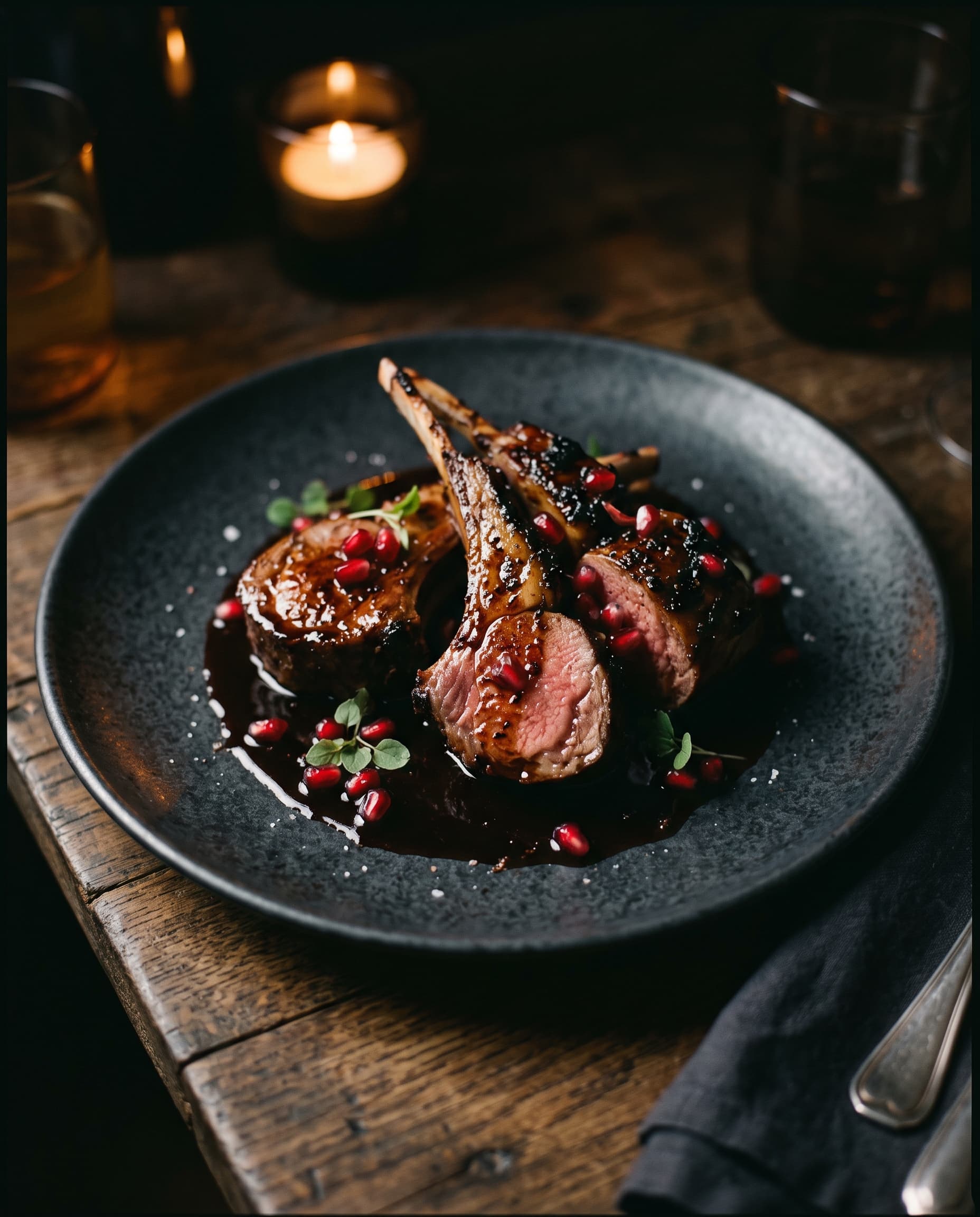 Charcoal-lacquered lamb rack with pomegranate jus